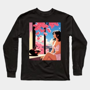 Japanese Girl And Cherry Blossom - Anime Drawing Long Sleeve T-Shirt